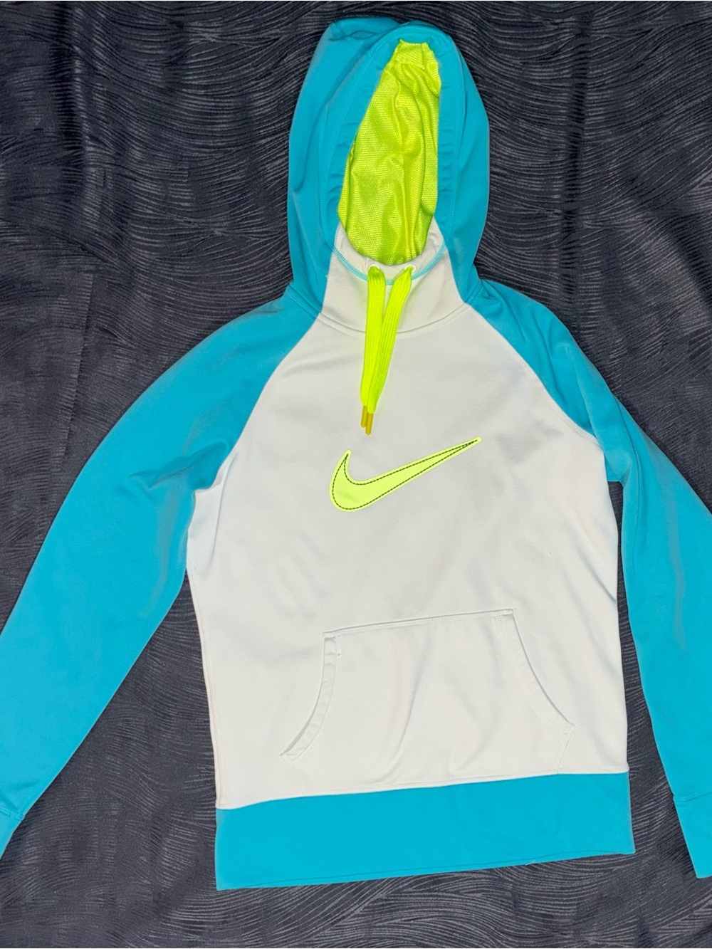 Nike White and Teal Hoodie with Neon Yellow Swoosh